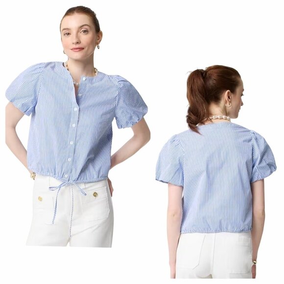 J. Crew Tops - J.Crew Women’s Striped Blouse Puff-Sleeve Tie-Waist Top Banker Blue Sz XS NWT
